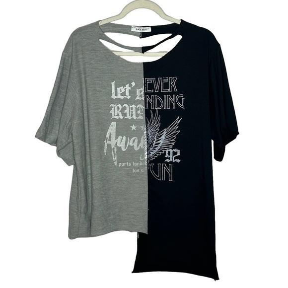Black Bead Color Block Asymmetric Cut Out Graphic Knit Tee - Picture 1 of 13
